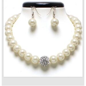 Cream Glass Pearl Rhinestone Necklace Earrings Bridal Wedding Evening Classic